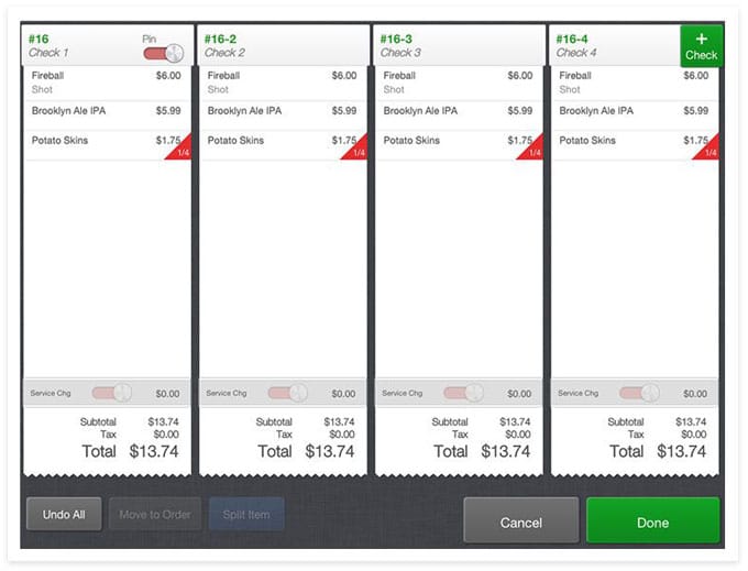 Cake POS Split Check Screen