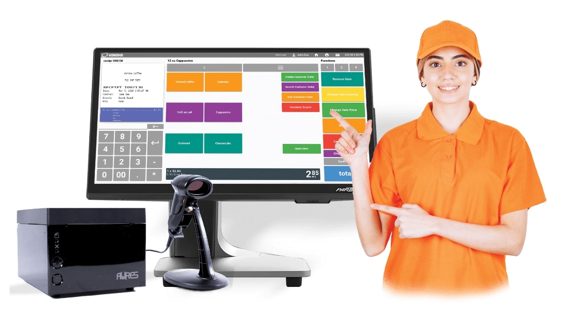 A woman pointing to the KORONA POS system