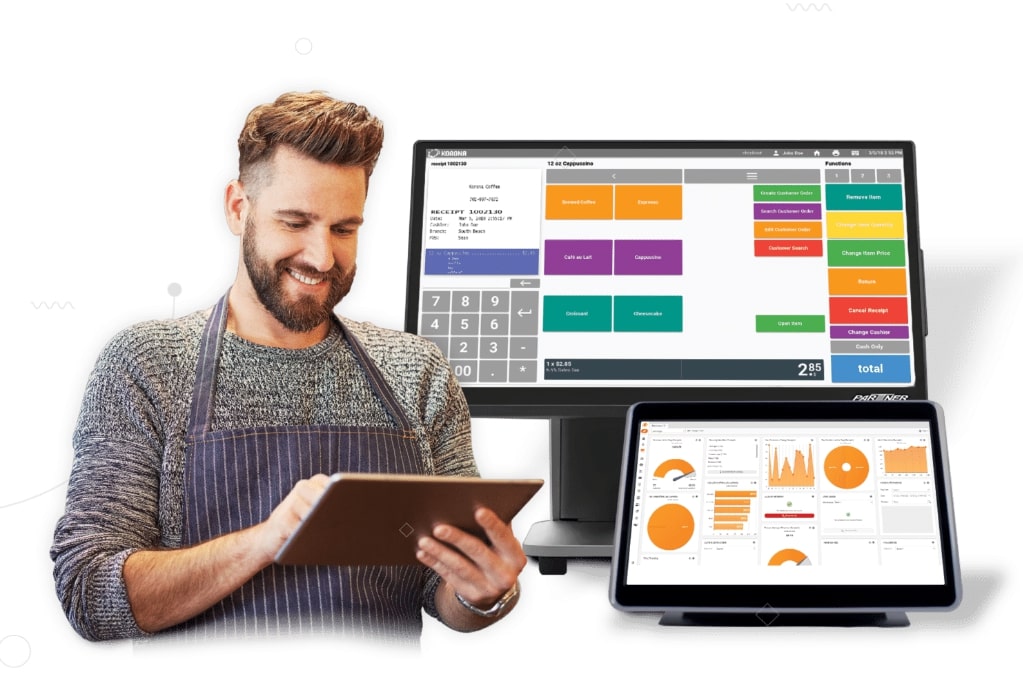 A smiling man next to KORONA POS dashboard