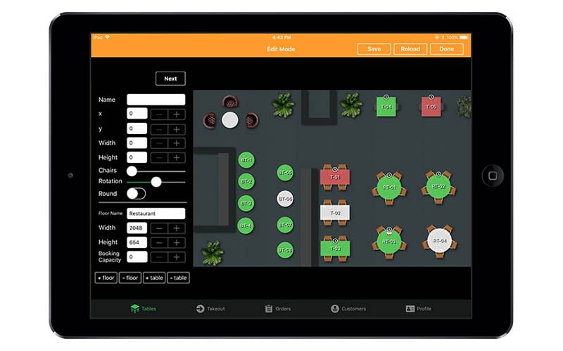 Restaurant POS table management dashboard showing color-coded table status