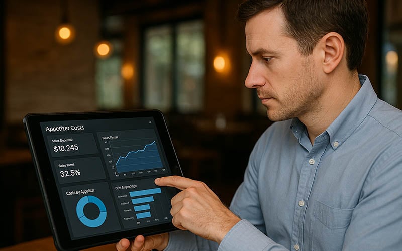 Restaurant manager reviewing POS food cost analytics for appetizer profitability analysis