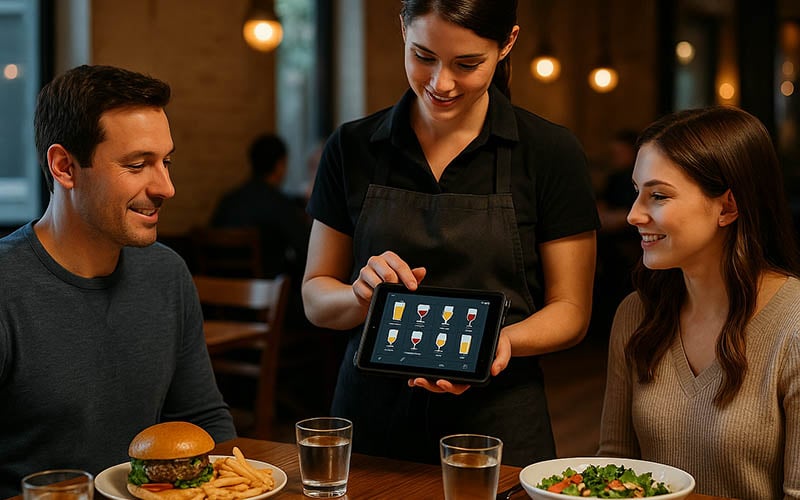 Server using mobile POS system to show wine and drink pairing options to guests with food on table