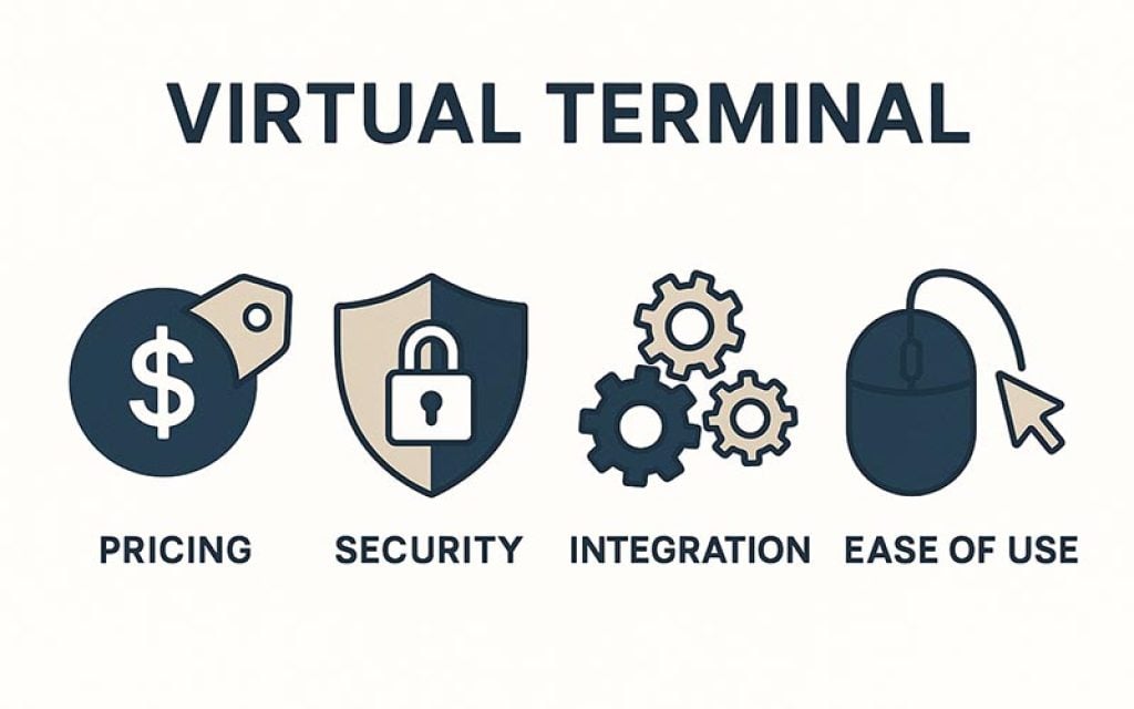 Virtual terminal features comparison infographic showing pricing, security, integration and ease of use