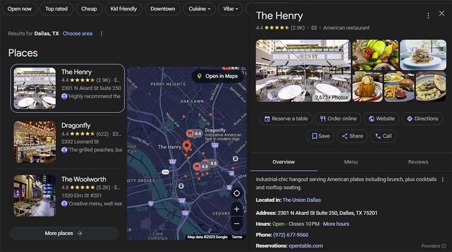 Restaurant Google My Business profile showing photos, reviews, and business information on mobile phone