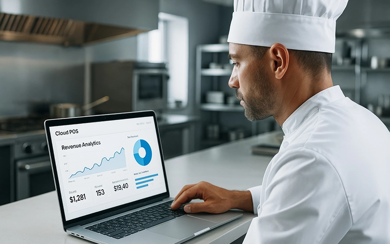 Chef looking at restaurant metrics & reporting on laptop