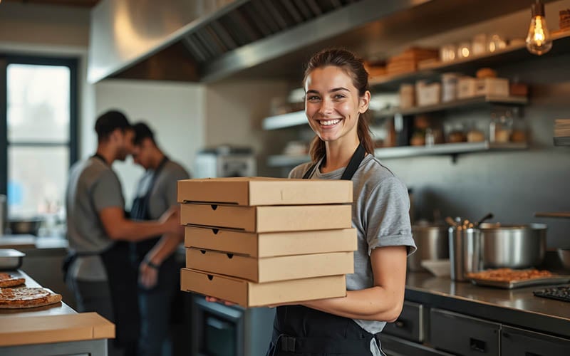 Restaurant kitchen staff preparing takeout orders with delivery app tablets and branded packaging