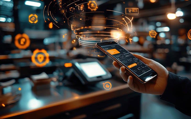 Modern restaurant POS system displaying customer loyalty program interface on mobile phone