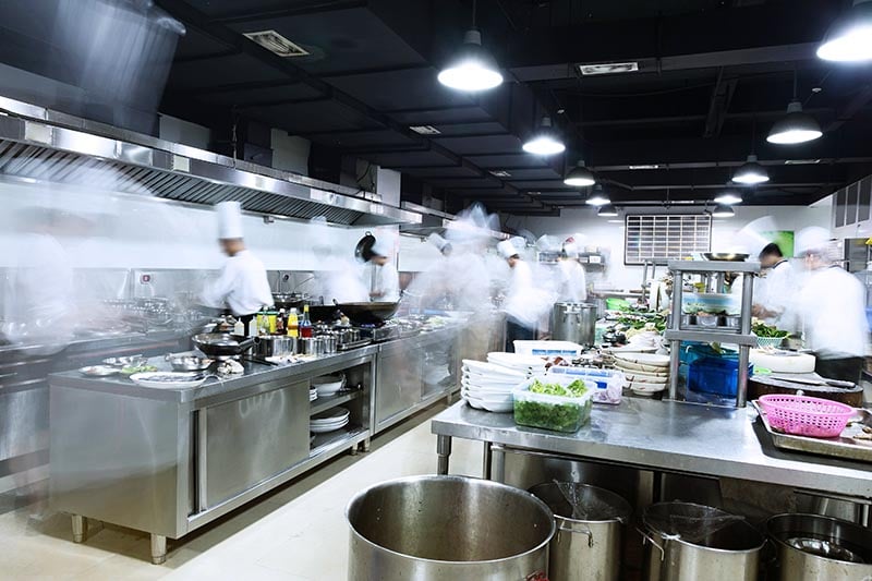 Modern restaurant kitchen setup with essential commercial equipment