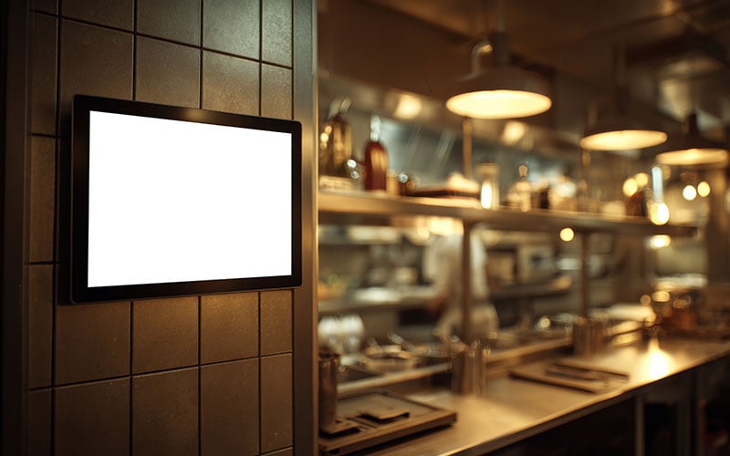 Restaurant POS system with kitchen display screen showing digital orders.