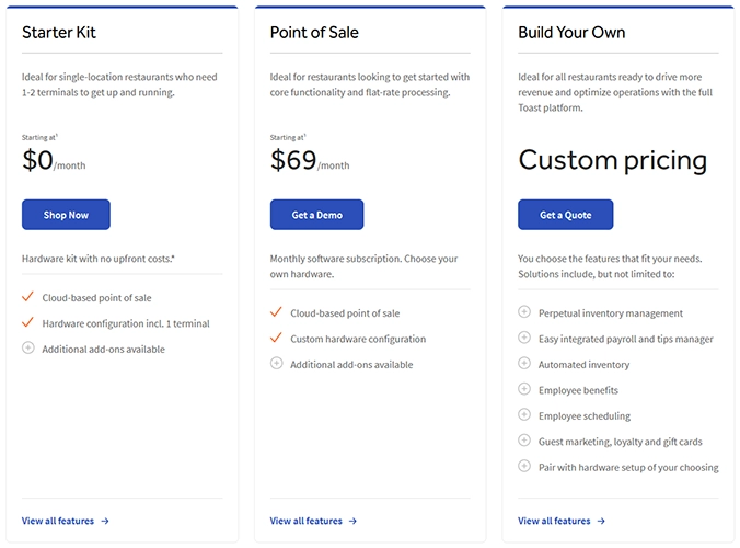 Screenshot from Toast's official pricing page