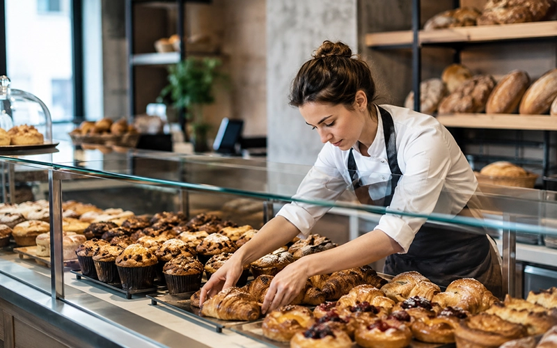 Baker arranging fresh pastries in a bakery display case