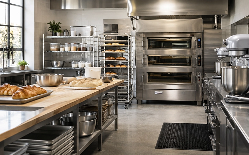 Commercial bakery kitchen with ovens, mixers, and stainless steel prep tables