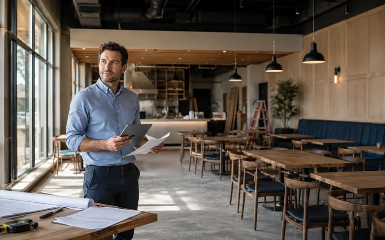 Restaurant owner reviewing startup costs in a new dining room before opening