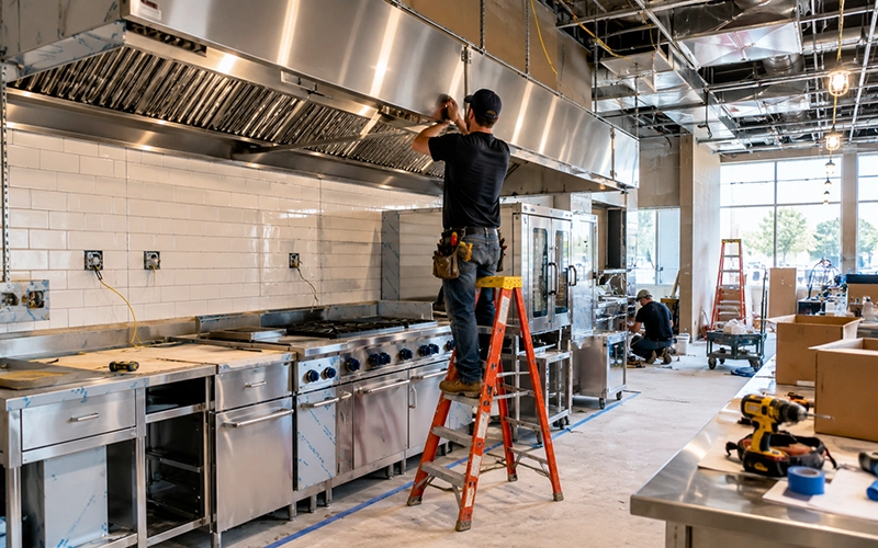 Commercial restaurant kitchen under construction during buildout