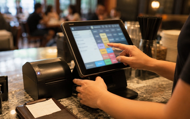 Staff using a restaurant POS system on the counter during service